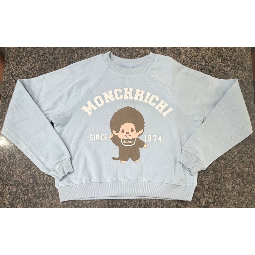 Monchhichi Graphic Sweatshirt Light Blue Raglan Pullover Retro 1974 Character